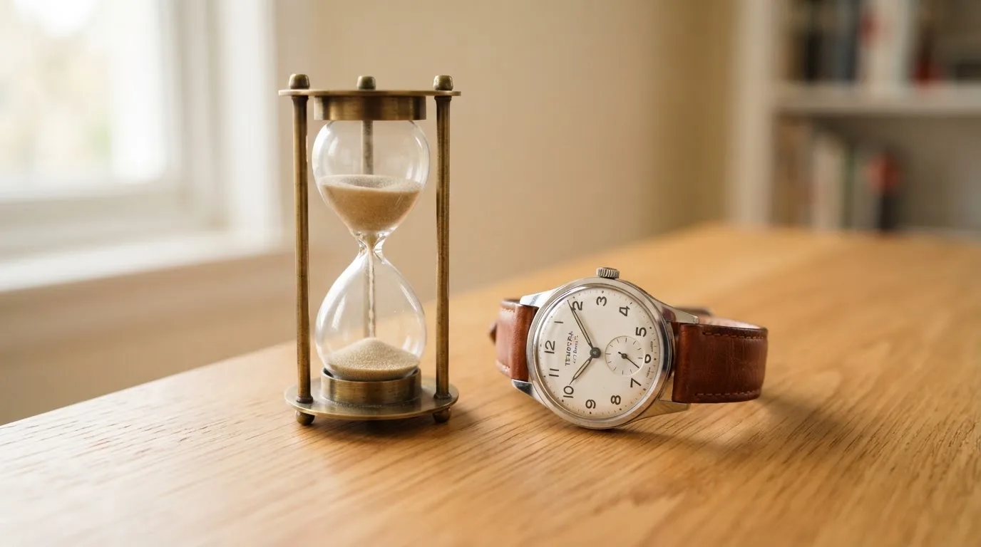 En liten sandklokke og en armbåndsklokke ved siden av hverandre på et trebord