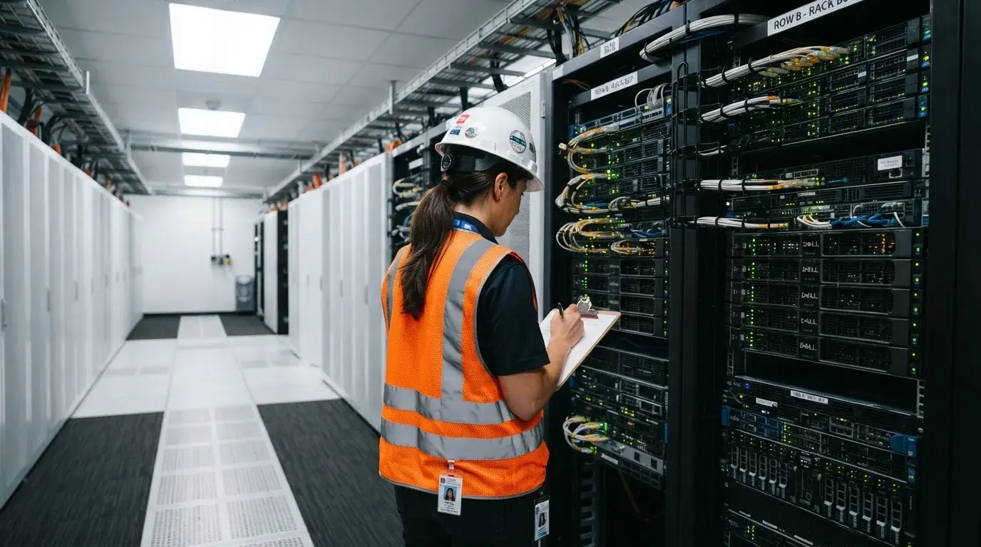 Kvinne i refleksvest og hjelm inspiserer teknisk utstyr i et lyst serverrom