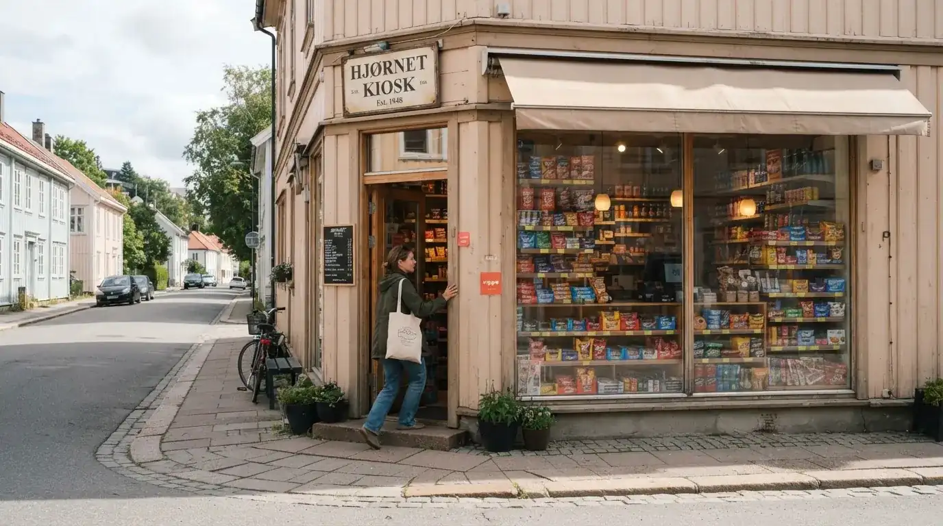 En liten norsk kiosk med varer i hyllene sett utenfra i dagslys, en kunde på vei inn